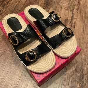 Tory Burch Black Double-Buckle Raffia Slide Sandals with Gold Hardware